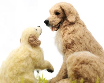 Needle felted Golden Retriever, a mum and her puppy, adorable realistic dog portrait, hand made unique art