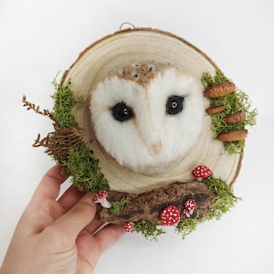 Needle Felted Owl in Woodland Scene – Handmade Owl Peeking Through Wood Slice with Moss and Mushrooms