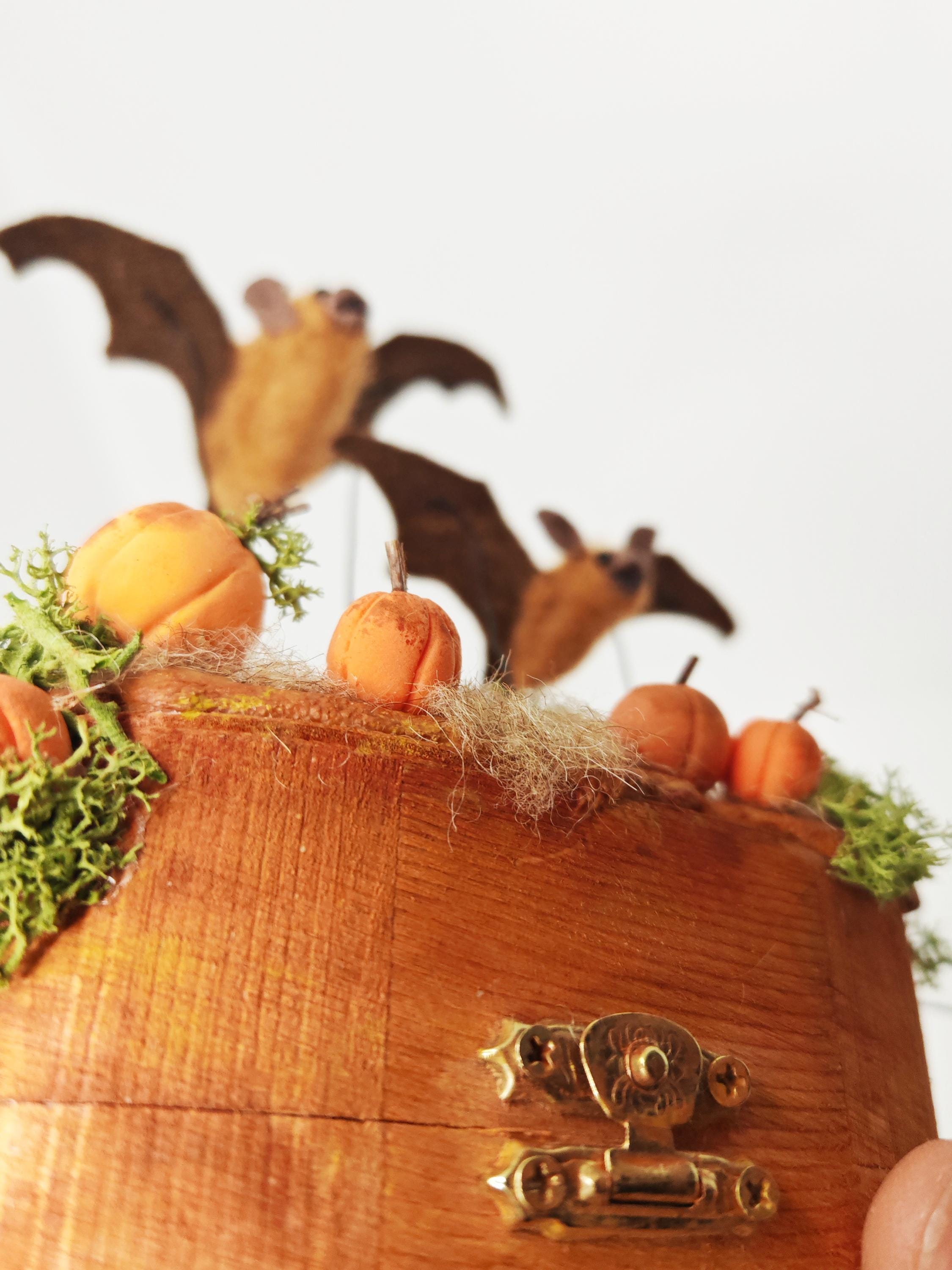Two Little Bats Flying Over a Pumpkin Patch Automata, Mechanical ...