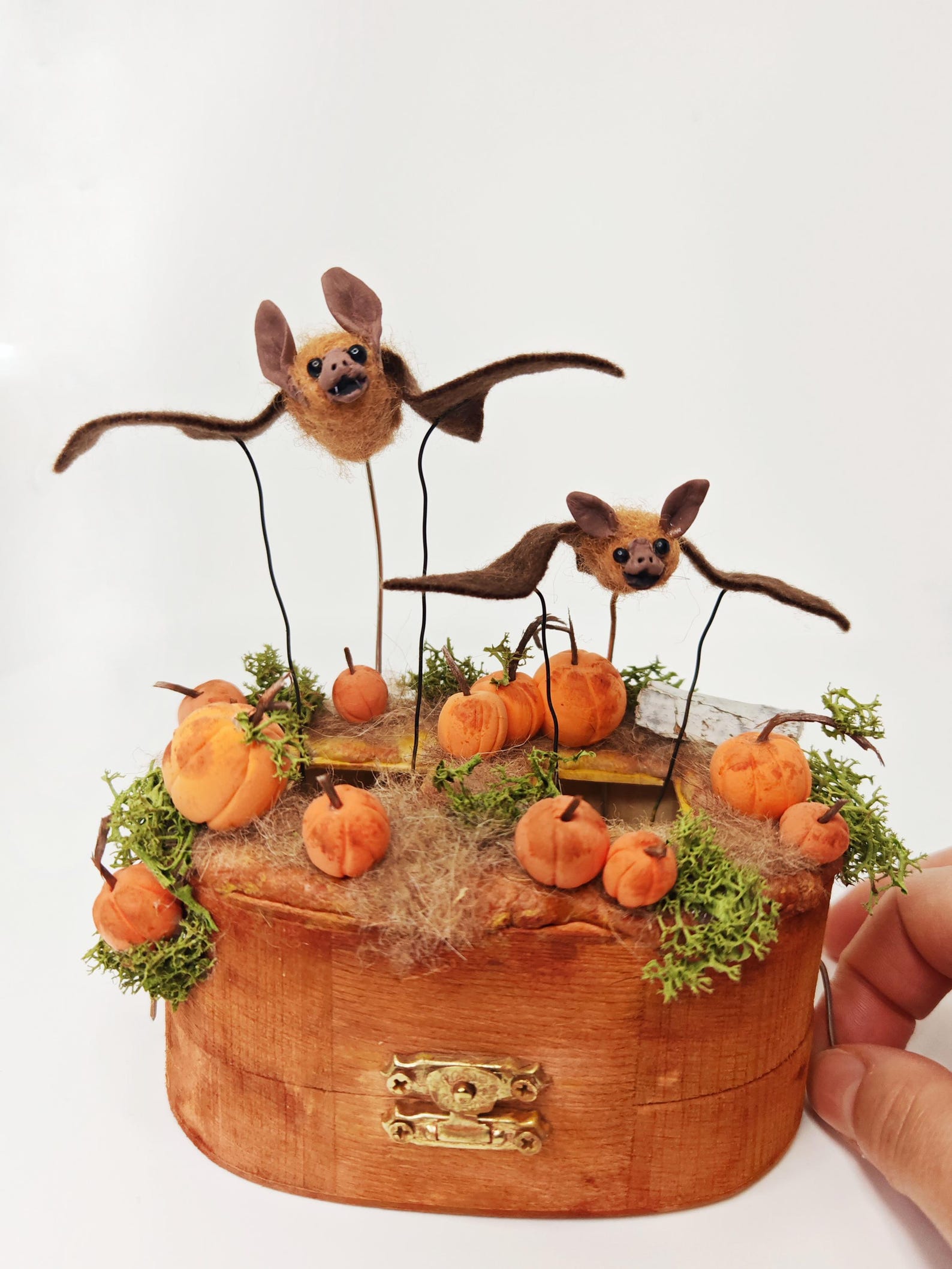 Two Little Bats Flying Over a Pumpkin Patch Automata, Mechanical ...