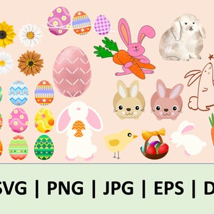 Può includere: Un set di clipart digitale a tema pasquale con coniglietti, pulcini, uova, carote, fiori e un cestino di uova. La clipart è in stile cartone animato ed è perfetta per creare lavoretti pasquali, biglietti e decorazioni.