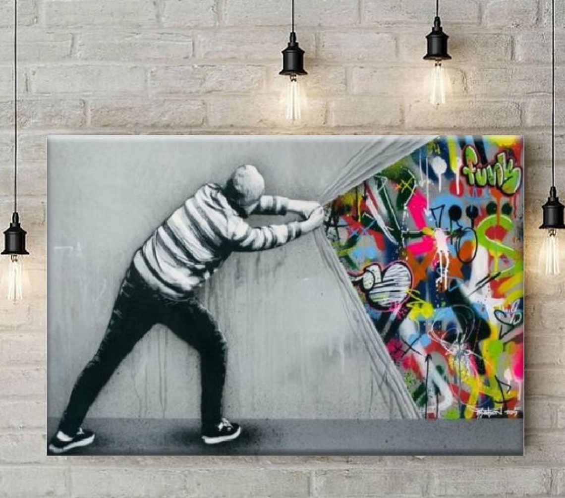 Banksy Behind the Curtain Wall Art Banksy Canvas Art Famous Etsy UK