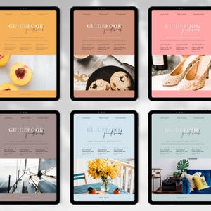 Könnte beinhalten: Sechs Tablets mit einem "Guidebook"-Layout mit verschiedenen Bildern. Die obere Reihe zeigt Pfirsiche, Kekse und goldene High Heels. Die untere Reihe zeigt ein Segelboot, Blumen und ein Wohnzimmer. Jedes Tablet hat den Text "Guidebook".