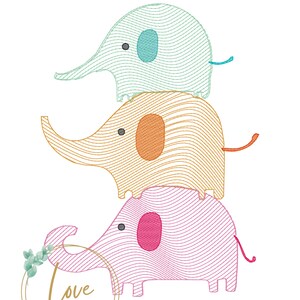 Cute elephants sketch embroidery design, quick stitch out 5x7 6x10
