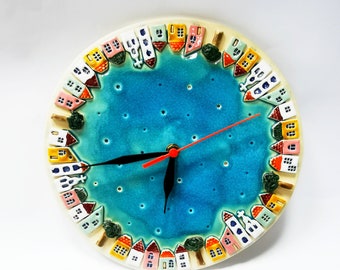 Ceramic wall clock "Sky Town" - clock - wall clock - ceramic handmade - home clock - clock for wall - pottery clock - town - tiny houses