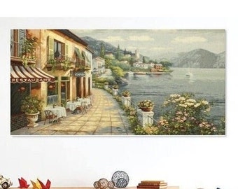 Tenture murale en tapisserie du lac de Côme : décor tissé jacquard de paysage italien (70 cm * 130 cm)