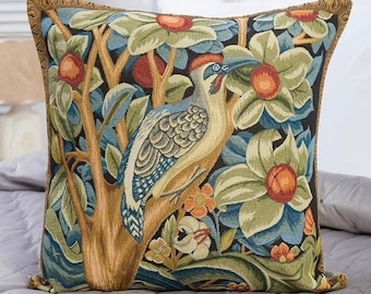 Woven Tapestry Pillow Cover: William Morris Style Woodpecker Design (18x18)