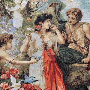 May include: A tapestry depicting three figures in a garden setting. A woman in a white dress with a red sash holds a bowl and looks at a bird. Another woman in a green dress looks at the first woman. A winged figure in white stands behind a tree.