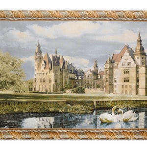 Arazzo da parete in stile medievale "Castello con cigni" 50*76 (129 cm*195 cm) - tessuto jacquard - stile arte medievale - il regalo per un amante della storia.