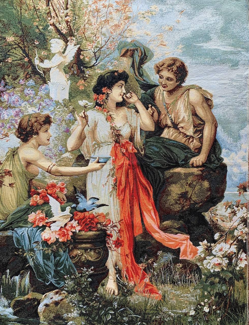Hans Zatska Tapestry: Jacquard Woven Nymphs, Love & Cupid (37x27