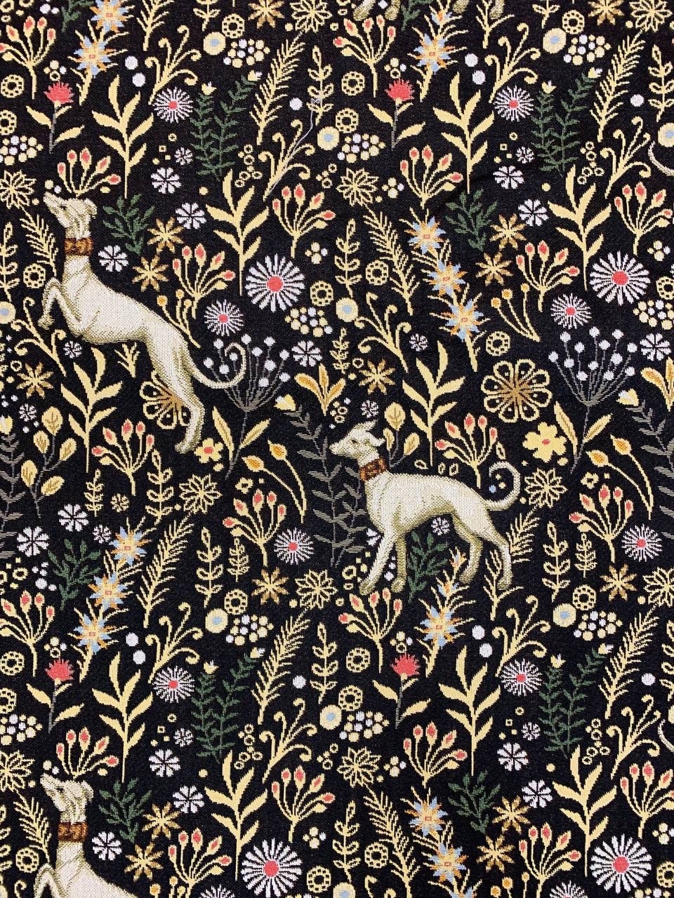 William Morris Style Tapestry Fabric: Royal Dogs Floral Jacquard