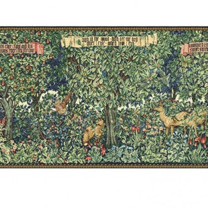 W. Morris style tapestry wall hanging &quot;Forest greenery day: Hares-Fox-Deer-Partridge&quot;25*58 (63см*147cm)-jacquard woven-medieval art style.
