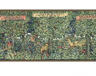 W. Morris style tapestry wall hanging &quot;Forest greenery day: Hares-Fox-Deer-Partridge&quot;25*58 (63см*147cm)-jacquard woven-medieval art style.