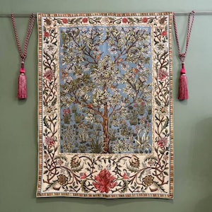 W. Morris style tapestry wall hanging &quot;Tree of life Apple Blossom light blue background&quot;36*27(92cm*69cm)-jacquard woven-medieval art style.