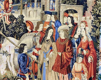 May include: A tapestry depicting a scene from a medieval legend. A group of people, including a knight and a lady, stand in front of a castle. A white unicorn is being led by a man on horseback. The tapestry is woven with intricate details and vibrant colours.
