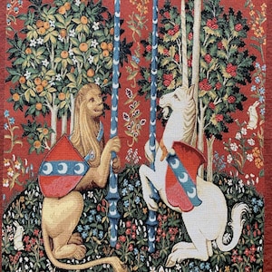 Tapestry for framing &quot;Unicorn and Leo red&quot;18*18 (43cm*43cm)-jacquard woven-medieval style decor tapestry-the gift a lover medieval art.