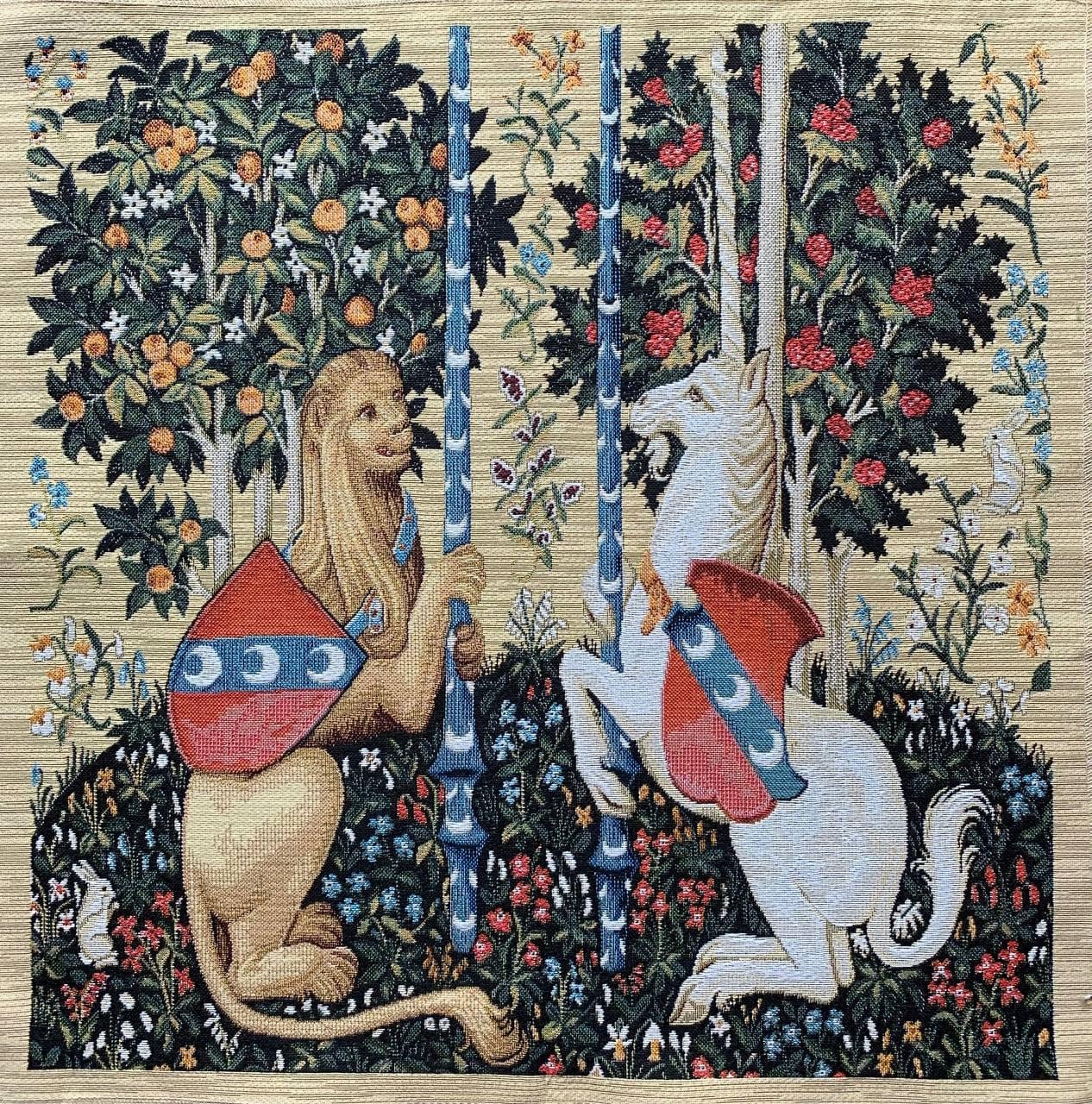 Unicorn and Leo Tapestry for Framing: Medieval Style Woven Wall