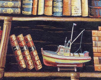 Tapisserie provençale à accrocher au mur : étagère à livres et décoration tissée jacquard bateau (55 x 78)
