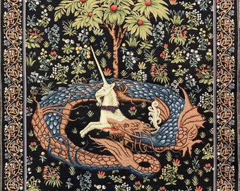 May include: A tapestry depicting a white unicorn trapped in a blue and brown dragon's coils. The scene is set against a black background with a green tree and a variety of colorful flowers.