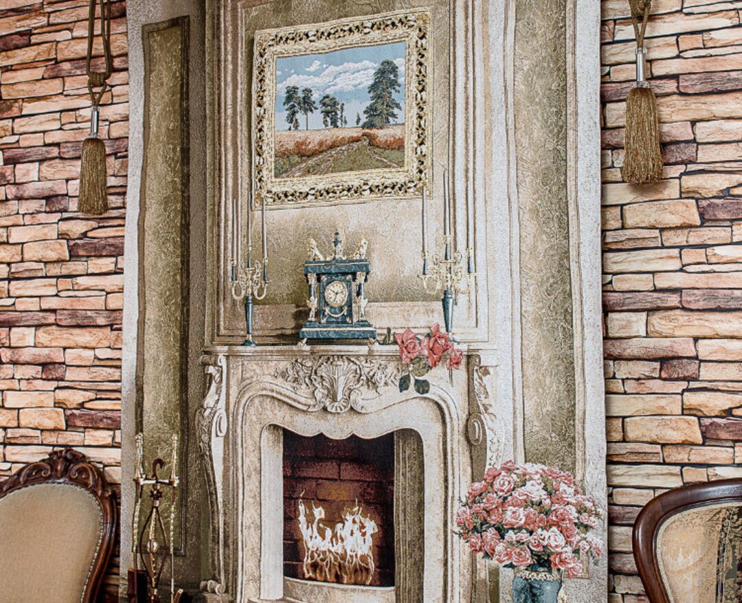 Dog by Fireplace Tapestry: Jacquard Woven Wall Hanging (52x82 Inch