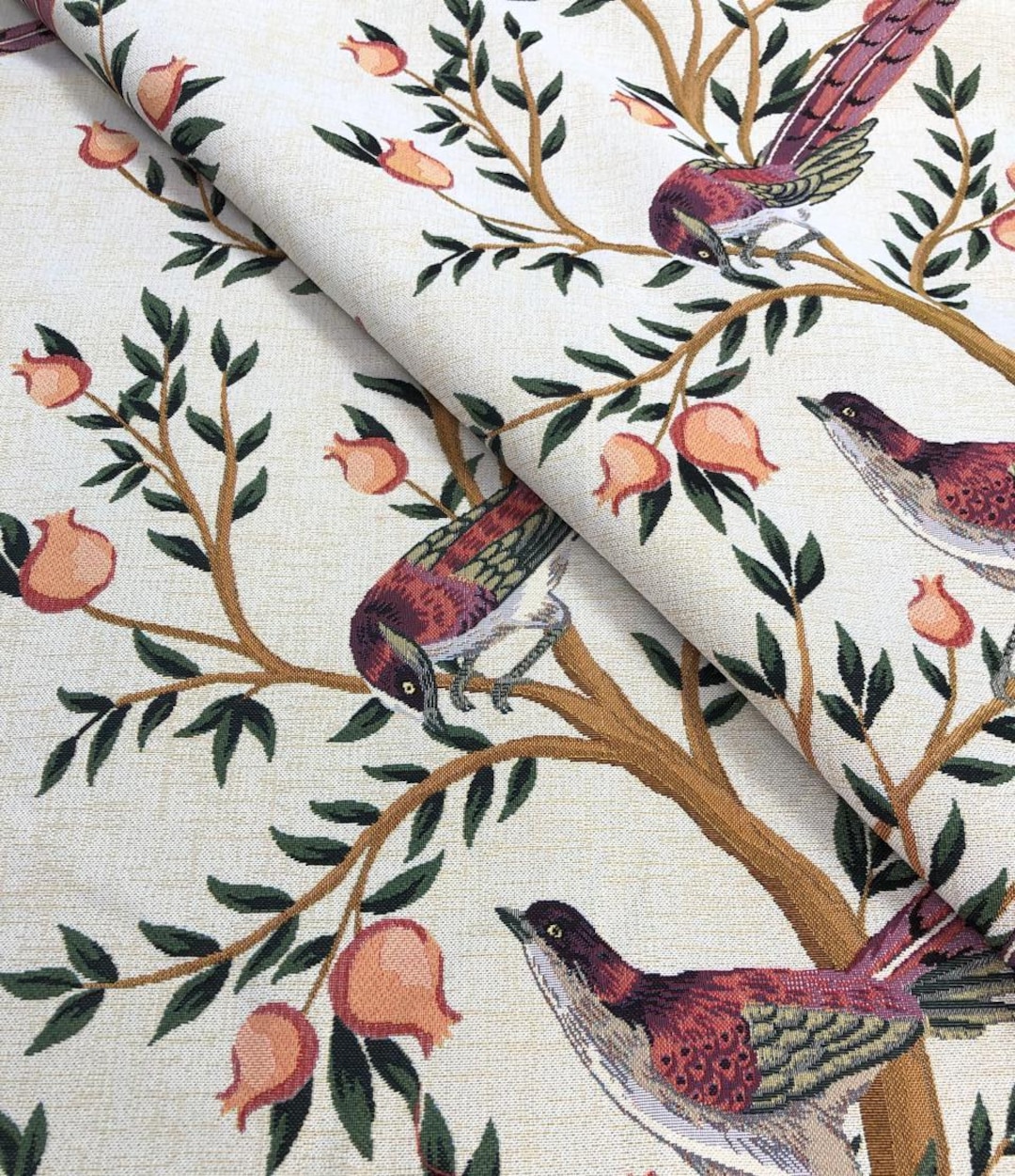 William Morris Style Tapestry Fabric: Jacquard Woven Bird & Floral ...