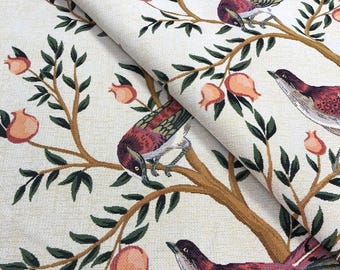 William Morris Style Tapestry Fabric: Jacquard Woven Bird & Floral Upholstery