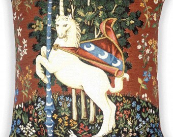 Housse de coussin en tapisserie de style médiéval « Licorne » 18 x 18 (45 x 45 cm) - tissé jacquard - style Milfleur - tapisserie de style médiéval - le cadeau pour un amateur d'histoire.