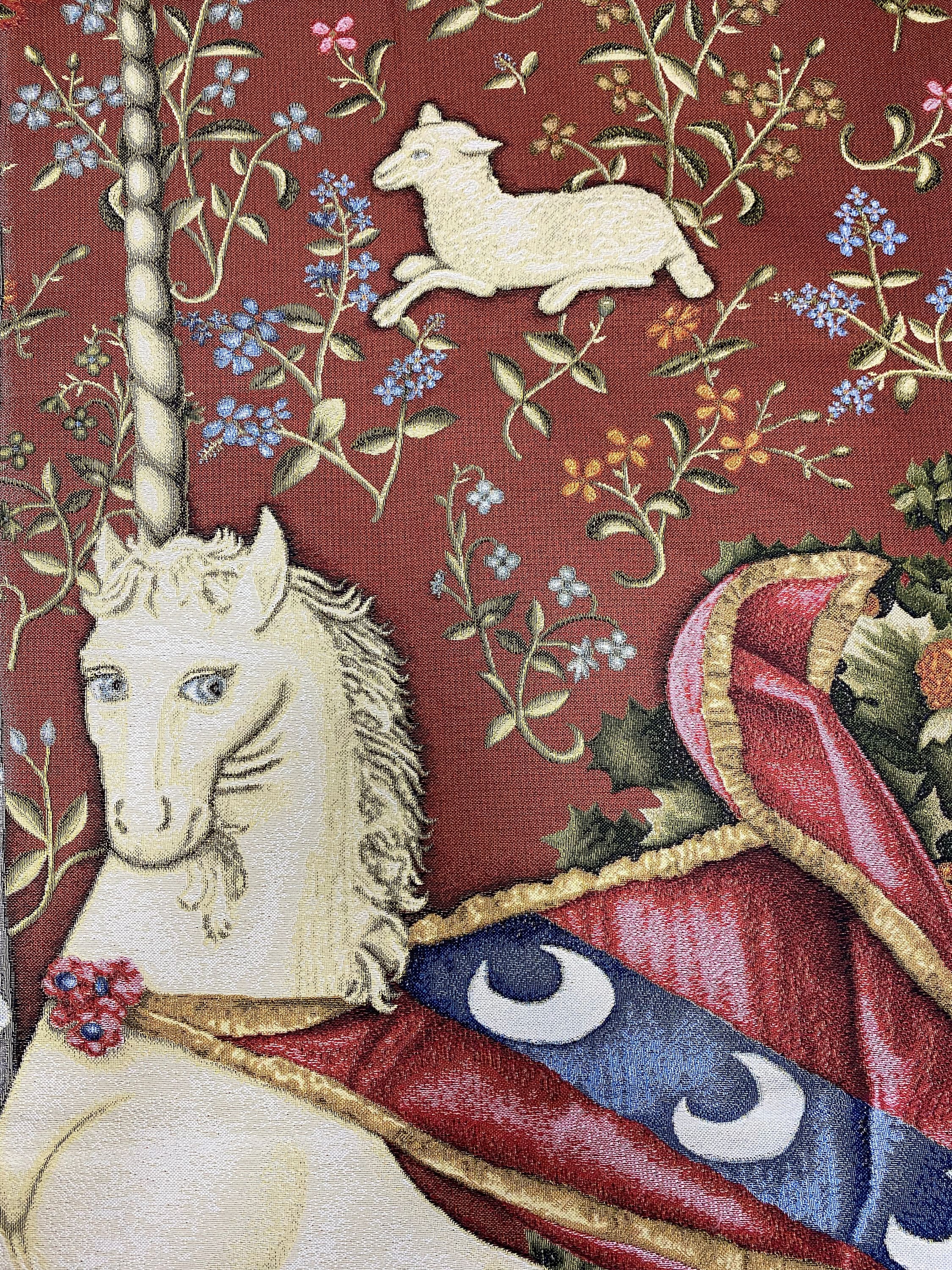 中世のユニコーンタペストリー壁掛け：ジャカード織りアート（27x62