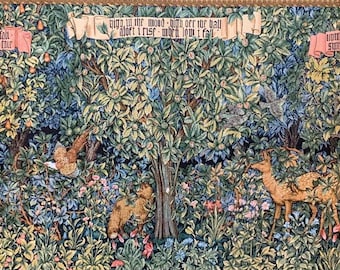 William Morris Style Tapestry for Framing: Medieval Forest Animals Jacquard Art (27x61)