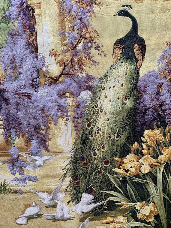 孔雀のタペストリー壁掛け：ジャカード織りの花柄装飾（41x27） - Etsy