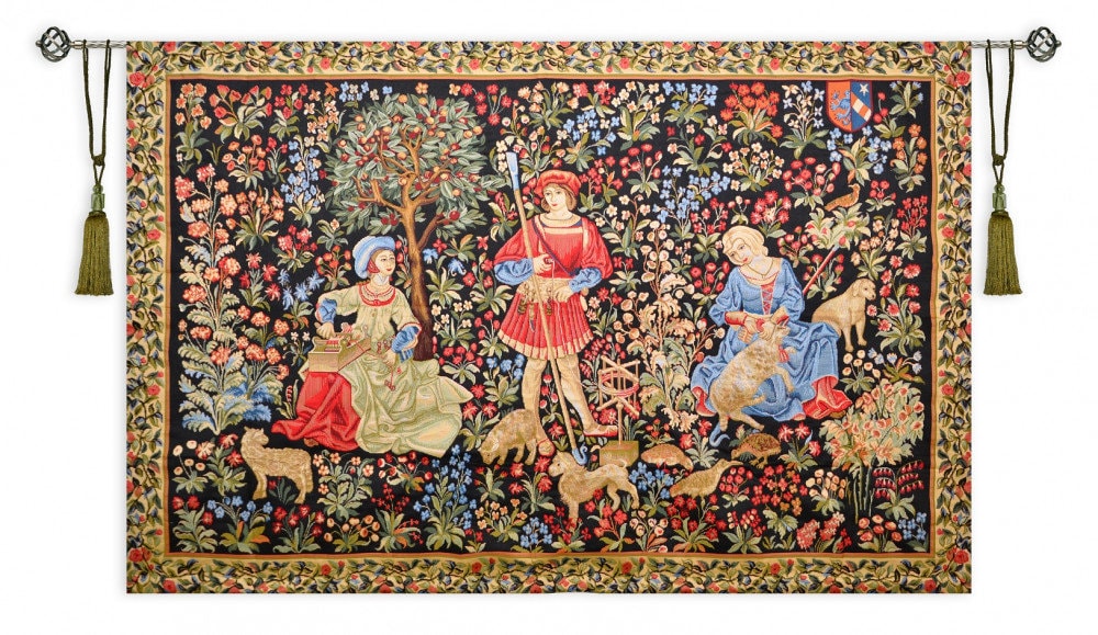 中世のタペストリー壁掛け：「羊の散髪」ジャカード織り（130 cm×198
