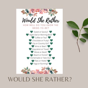 Would she rather, Printable game download, bridal shower game, bachelorette party, floral theme