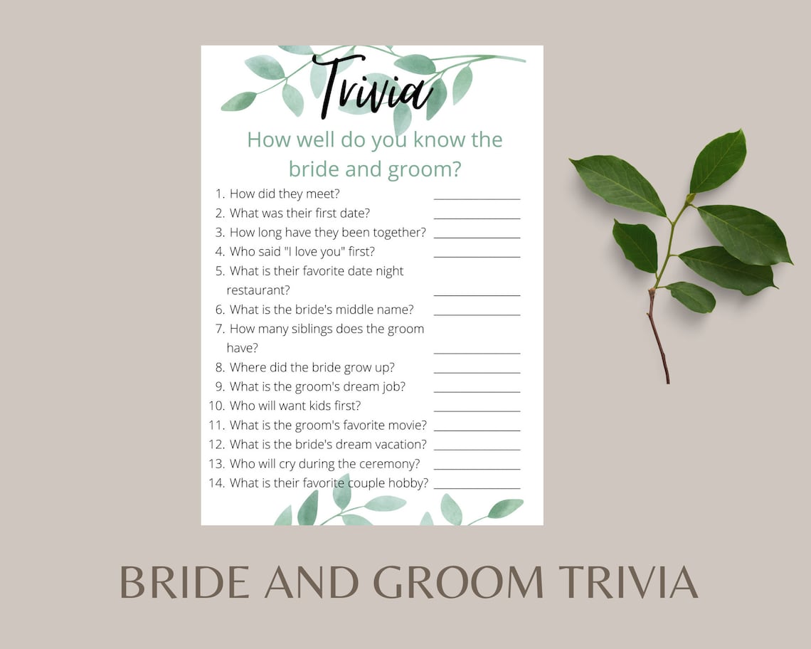 Bride and Groom Trivia Game Bachelorette Party Game Bridal Shower Game