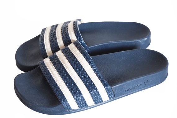 Vintage Adidas Flip Flops Women's Made in Italy Retro Navy Blue with Classic White Stripes