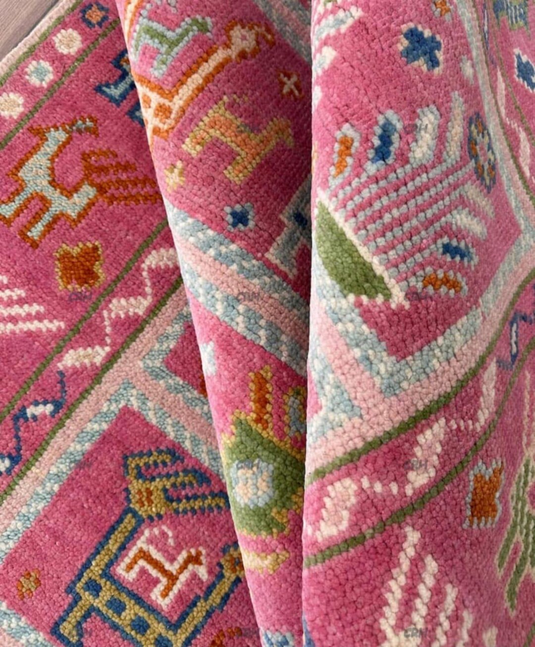 Pink Pet Rug Luxury Pink Animal Pattern Modern Hand Knotted Multi Color Oushak 100% ...