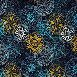 Puede incluir: Un patrón sin costuras que presenta una variedad de diseños de brújula en azul, amarillo y blanco sobre un fondo azul oscuro. Los diseños de brújula son intrincados y detallados, con una variedad de formas y tamaños.