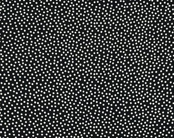 May include: Black fabric with a white polka dot pattern. The dots are small and evenly spaced.