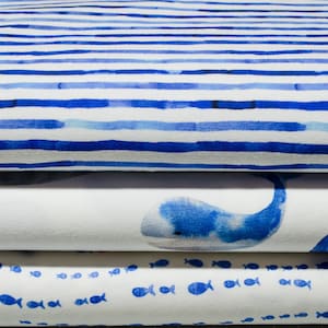 Jersey fabric - small fish, whales, batik, stripes, blue, summer, sea, HILCO