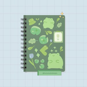 Cute Green Monochromatic Kawaii Froggy Notebook Spiral Bound Journal, Cute Lined Notebook for School,Kawaii Notebook, 5x7 inches Dark Green