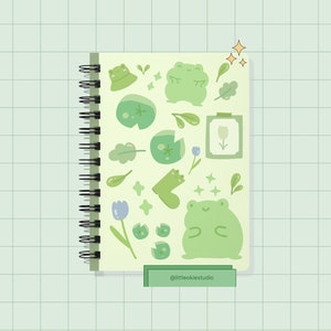 Cute Green Monochromatic Kawaii Froggy Notebook Spiral Bound Journal, Cute Lined Notebook for School,Kawaii Notebook, 5x7 inches image 1