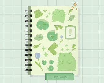 Cute Green Monochromatic Kawaii Froggy Notebook Spiral Bound Journal, Cute Lined Notebook for School,Kawaii Notebook, 5x7 inches