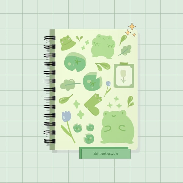 Cute Green Monochromatic Kawaii Froggy Notebook Spiral Bound Journal, Cute Lined Notebook for School,Kawaii Notebook, 5x7 inches