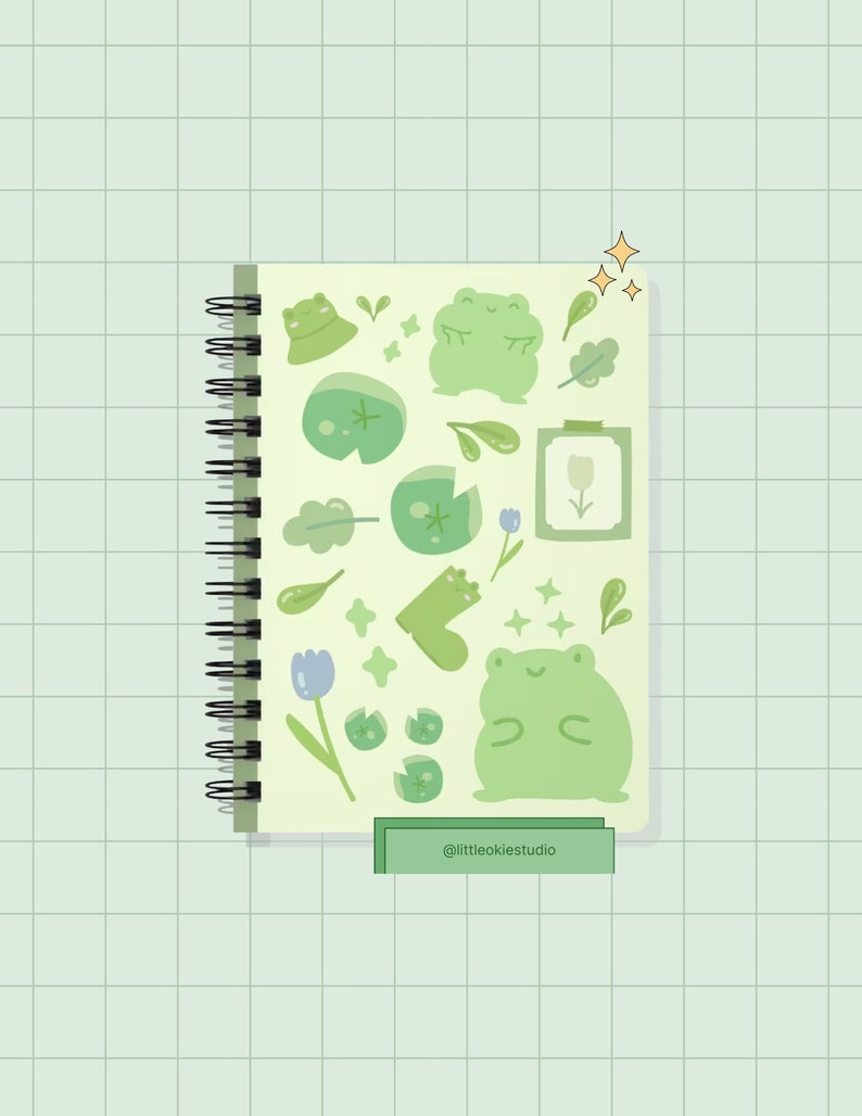 Cute Green Monochromatic Kawaii Froggy Notebook Spiral Bound Journal, Cute Lined Notebook for School,Kawaii Notebook, 5x7 inches image 1