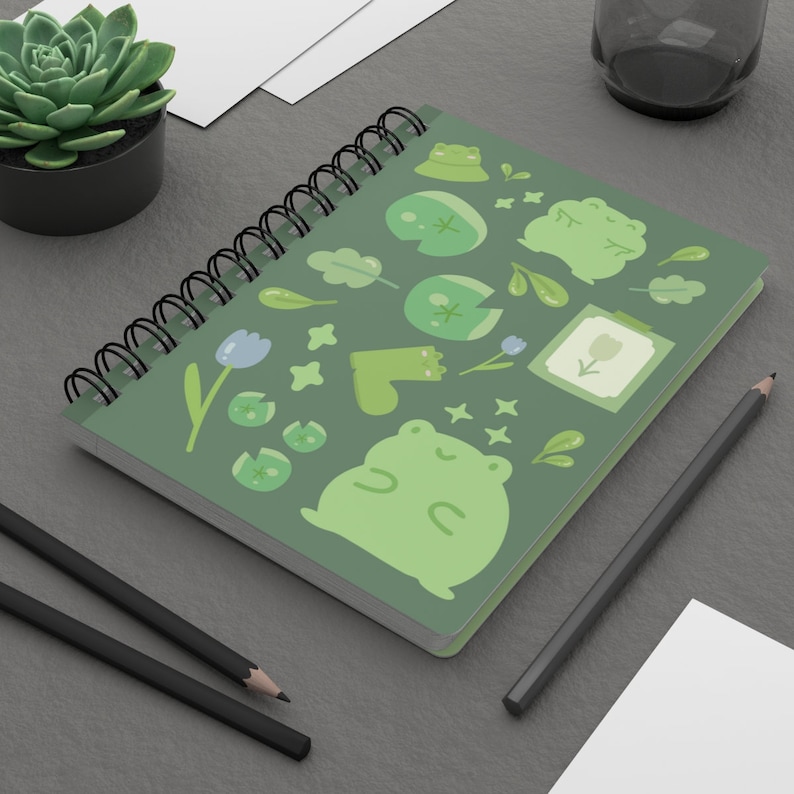 Cute Green Monochromatic Kawaii Froggy Notebook Spiral Bound Journal, Cute Lined Notebook for School,Kawaii Notebook, 5x7 inches image 8
