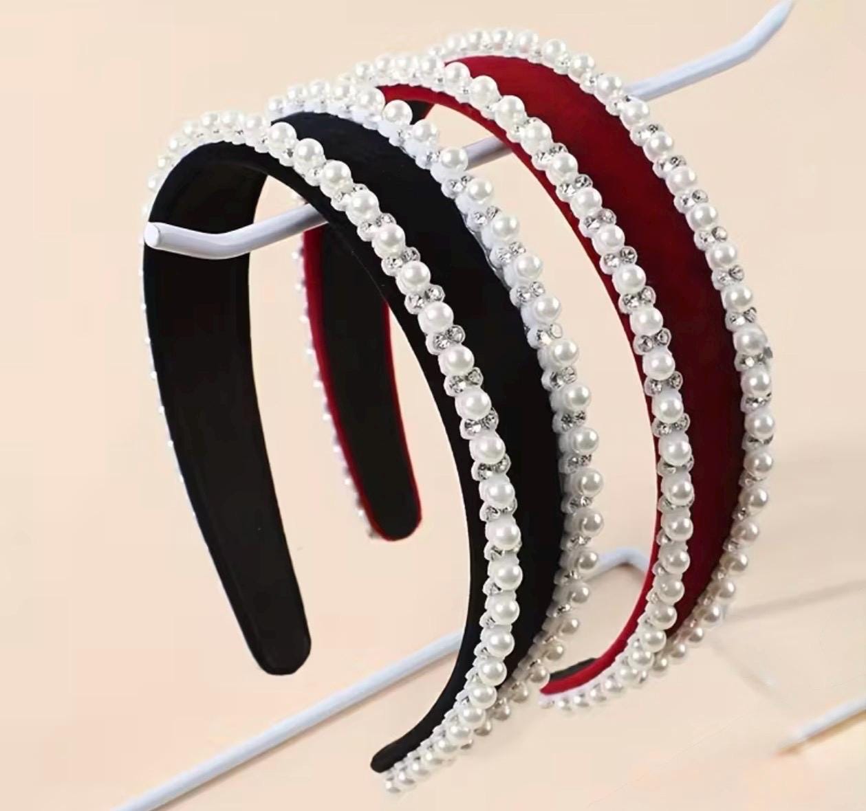 Chic Pearl-Embellished Headbands - Cream and Burgundy Historically Inspired French Hood Style Velvet Pearl  main image 2