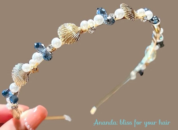 Seashells or seastars and pearl gemstones embellished headband, metal crystal decor headband