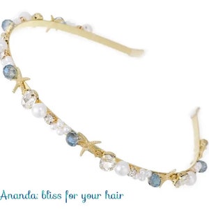 Diadema adornada con conchas marinas o estrellas de mar y perlas, diadema con decoración de cristal metálico. imagen 7