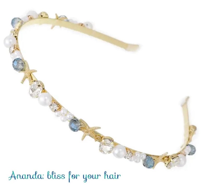Diadema adornada con conchas marinas o estrellas de mar y perlas, diadema con decoración de cristal metálico. imagen 7