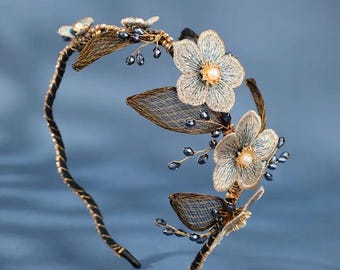 Crystal Floral Headband in Champagne Gold New Light Champagne Floral Crystal Headband - Etsy main image 2
