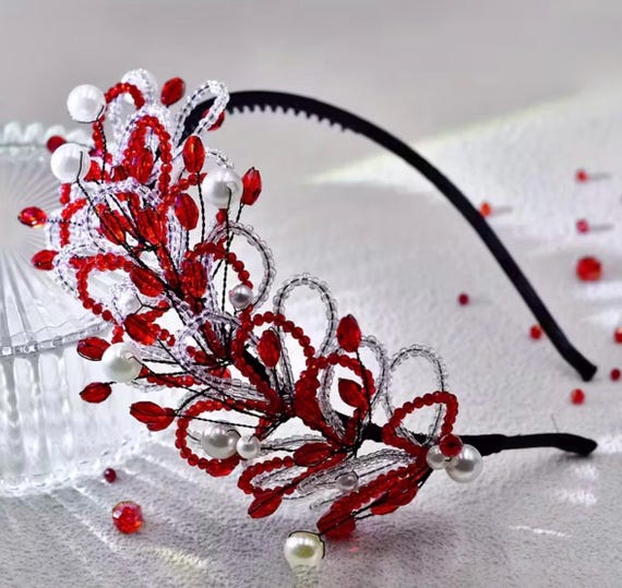 Intricate Unique Elegant Beaded Red, White & Black Headband  display picture 3